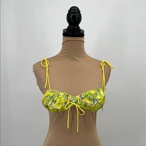 Yellow scrunched floral print adjustable tie Swim suit Top sz L